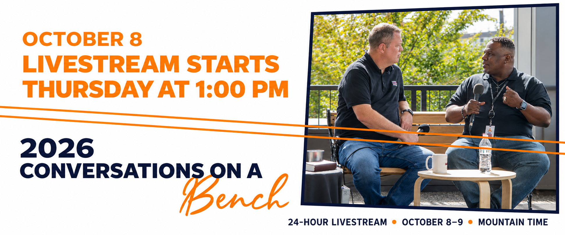 Conversations on a Bench livestream starts Thursday, October 8, at 1:00 PM Mountain Time and runs for 24 hours. CEO Dennis Van Kampen, seated on the left, talks with a guest on a bench, both holding microphones.